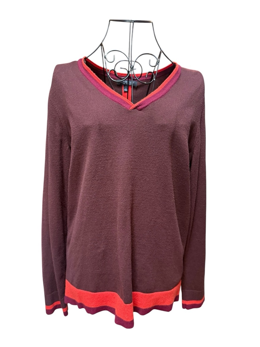 Liverpool Burgundy Brown Sweater with Red Orange Pink Trim Large